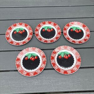 Vintage 2001 black and red cherry dessert plates, At Home With Mary Engelbreit